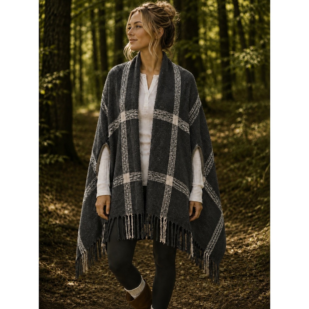 Maurices Grey Plaid Fringe Knit Cardigan Wrap Shawl Poncho with Armholes